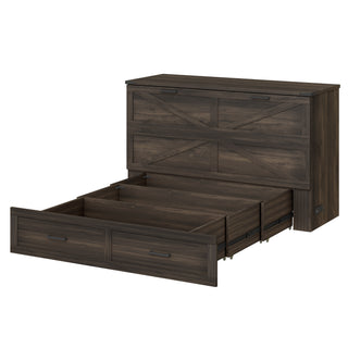 Rustic Gray Queen Murphy Cabinet Bed - Farmhouse Guest Bed with Charging Station