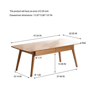 Natural Solid Wood Coffee Table with Storage Shelf - 120cm Large Center Table