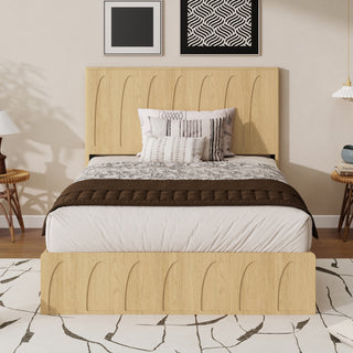 Queen Solid Wood Platform Bed with Curved Headboard & Side Storage Drawers