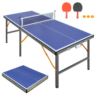 5ft Mid-Size Table Tennis Table Foldable & Portable Ping Pong Table Set for Indoor Games with Net, 2 Table Tennis Paddles and 3 Balls
