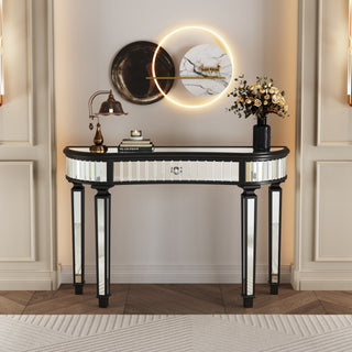 47" Half-Moon Mirrored Console Table with Fluted Glass & Crystal Knob Drawer, Silver Entryway Vanity Desk for Bedroom or Dressing Room (Black+Silver)