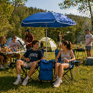 Portable Double Folding Beach Chair Set with Umbrella, 2-Person Outdoor Camping Chair with  Cup Holders, Foldable Patio Chair for Picnic, Backyard, Travel, Blue