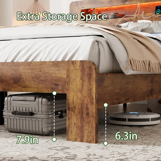 Wood Platform Bed Frame King Size with LED Storage Headboard and USB Ports, Dark Brown