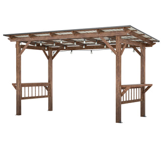 Title
13' x 6.5' Wooden Pergola Grill Gazebo with Metal Roof & Bulbs & Bar Counters

