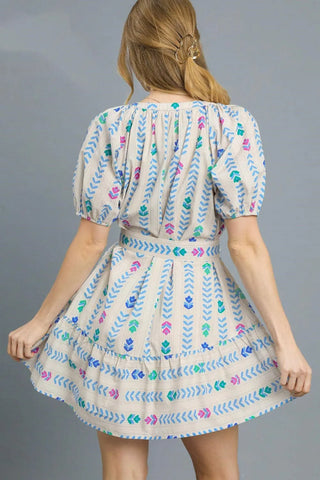 Umgee Printed Tie Waist Puff Short Sleeve Mini Dress