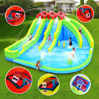 7 in1 Inflatable Water Park Three Slide with Blower Water Gun Sprinkler Fountain Climbing Wall for Children