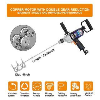 Drill Mixer Set with Spade Handle 1/2 inch Electric Corded Mixing Drill Machine 9A Motor Concrete Mud Mixer