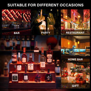 24" Walnut LED Liquor Bottle Display Shelf (3 Step) | App & Remote Control Illuminated Bar Stand