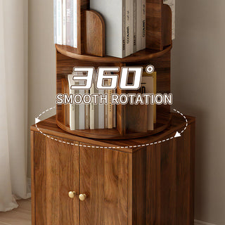 360° Rotating 5-Tier Corner Bookshelf – Floor-Standing Narrow Bookcase with Drawer, Walnut Color for Bedroom & Living Room