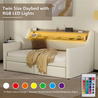 Twin Size Daybed with Drawers, Upholstered Daybed with Charging Station and LED Lights, White(Old Item W1580S00021)