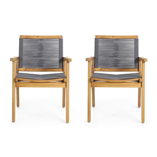Outdoor Dining Chair Set of 2, Dark Grey Rope, Acacia Wood Frame