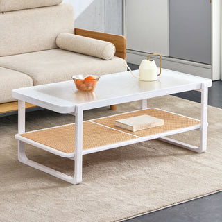 Modern Minimalist White Double-Layered Solid Wood Coffee Table with Glass Top and Imitation Rattan Edge, Rectangular Table for Living Room, Dining Room, and Bedroom