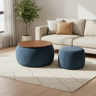 Dark Blue Round Storage Ottoman with 2 in 1 Function as End Table and Ottoman, Eucalyptus Wood and Foam, 25'x25'x14.7'