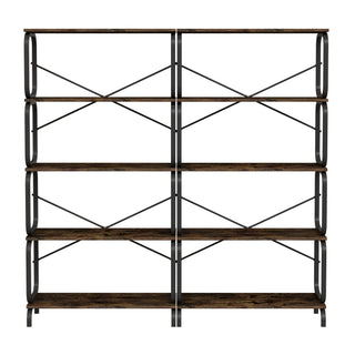  5-Tier Large Book Shelf, Open Bookcase for Home Office, Living Room, Vintage Industrial Style Bookshelf with Metal Frame, Rustic Brown