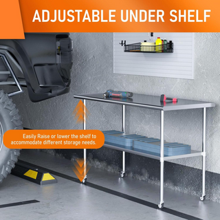 Stainless Steel Work Table 24x60 Inches with Wheels | Commercial Prep Table with Adjustable Undershelf