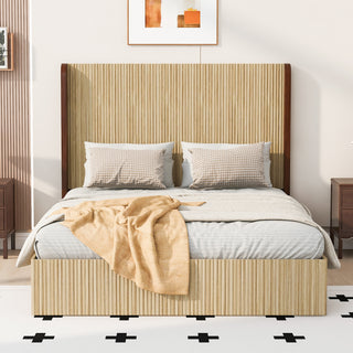 Queen Wooden Platform Bed with Wingback Headboard, Natural Wood