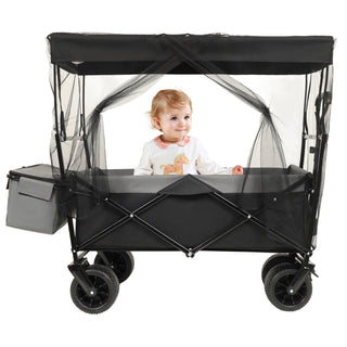 480Lbs Collapsible Wagon with Canopy,Wagon Stroller with 7' All-Terrain Wheels, Lightweight Foldable Wagon, Large Capacity for Camping, Shopping, Sports, and Garden Use,black with mosquito net