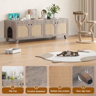 Double Hidden Cat Litter Box Enclosure Furniture Cabinet with Rattan Decorated Doors for Two Cats, Two Entrances