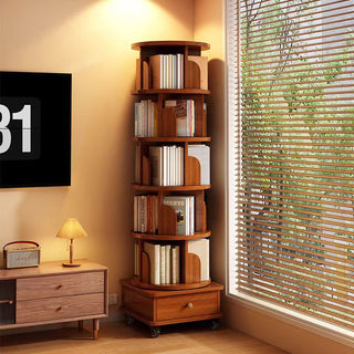(UPGRADED) Rotating Bookshelf, 360 Display Corner Bookshelf for Small Space, 6 Tier Bookcase Storage Rack with Wheels, Wood Narrow Organizer for Bedroom, Living Room, Study Room, Walnut Brown