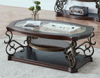 Cocktail Table, Glass table top, MDF W/marble paper middle shelf, powder coat finish metal legs. (52'Lx32'Wx20.3'H)