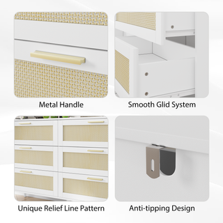 White Rattan 6 Drawer Dresser Chest – Modern Wide Storage Cabinet with Gold Handles for Bedroom, Living Room, Hallway