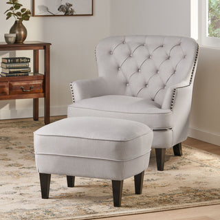 Contemporary Light Grey Fabric Club Chair & Ottoman Set – Modern Upholstered Armchair with Footrest for Living Room Comfort