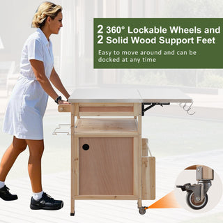 K&K 40.5" Outdoor Grill Cart – Solid Wood Rolling Kitchen Cart with Stainless Steel Top, Drop Leaf, Drawer, Towel Rack & Lockable Wheels for Patio, Lawn & Garden