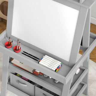 Qaba Double-Sided Kids Art Easel | Magnetic Whiteboard, Chalkboard & Paper Roll (Gray)