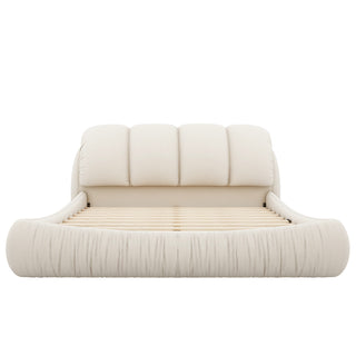 Queen Size Luxury Upholstered Bed with Thick Headboard, Velvet Queen Bed with Oversized Padded Backrest, Beige