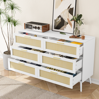 White Rattan 6 Drawer Dresser Chest – Modern Wide Storage Cabinet with Gold Handles for Bedroom, Living Room, Hallway