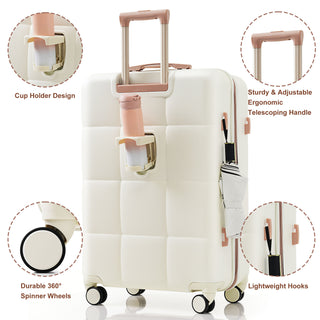 Luggage Set of 3, Airline Certified Carry-on Luggage with Cup Holder, ABS Hard Shell Luggage with Spinner Wheels, white