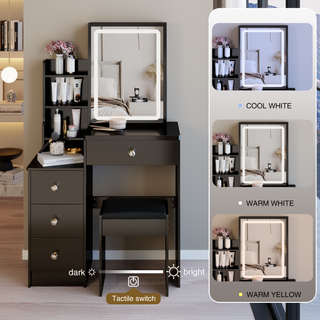 Small Vanity Table with Sliding LED Mirror | 29.2" Space-Saving Bedside Cabinet & Cushioned Stool