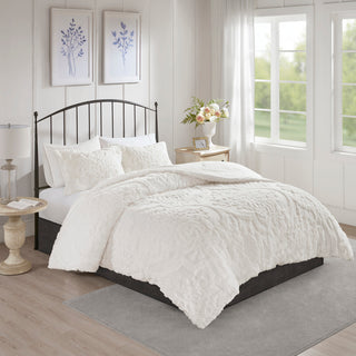 3 Piece Tufted Cotton Chenille Damask Comforter Set Off-White Full/Queen