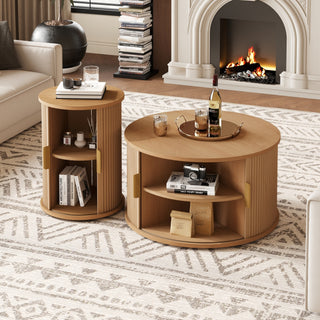 [Assembly Video]Mid-Century Coffee Table Set with Sliding Tambour Door, Round Fluted End Table With Storage, Golden Handle Tall & Low Side Table with Wooden Finish for Living Room, Set of Two ,Natural