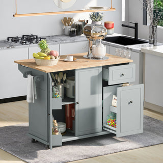 Kitchen Island with Drop Leaf, 53.9" Rolling Kitchen Cart on Wheels, Internal Storage Rack, 3-Tier Pull-Out Cabinet Organizer, Spice Rack, Towel Rack, Grey Blue