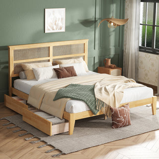 King Size Bed with Rattan Headboard, Two Storage Drawers, Rubber Wood Bed with Enhanced Support Salts and Feet,White Oak