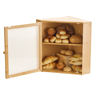 Corner Bread Box for Kitchen Counter Double Layer Bamboo Storage Container