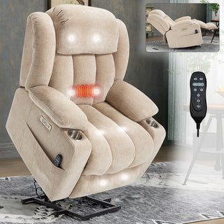 Heavy Duty Power Lift Recliner (Beige Chenille) | 350 LBS Capacity w/ Heat, Massage &amp; USB-C