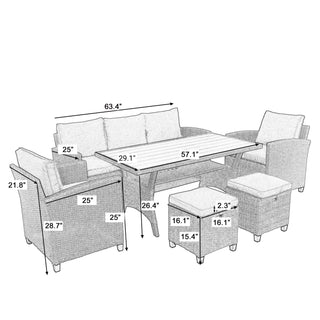 TOPMAX 6-Piece Outdoor Rattan Wicker Set Patio Garden Backyard Sofa, Chair, Stools and Table, Natural