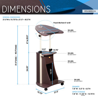 Sit-to-Stand Rolling Adjustable Laptop Cart With Storage, Chocolate