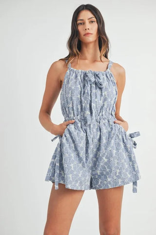 MABLE Floral Embroidered Button Down Romper