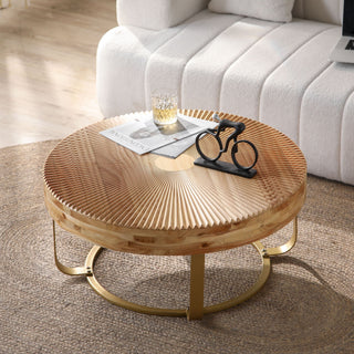 Modern Round Pine Wood Coffee Table - Golden Natural Finish with Carving Patterns