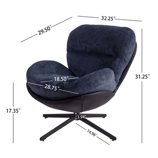 360° Swivel Office Chair, Modern Chenille Chair with Faux Leather and Black Metal Base Frame, No Wheels, Accent Chair for Small Spaces, Living Room, Bedroom, Reading Corner, Office, Dark Blue