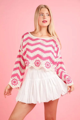 VERY J Chevron/Floral Pattern Crochet Knit Top-Max-Origin