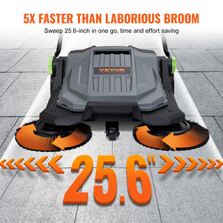 Walk-Behind Hand Push Floor Sweeper – 25.6" Manual Non-Electric Sweeper with 5-Gallon Waste Container, Adjustable Folding Handle for Walkways, Yards, Garages & Patios