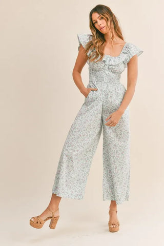 MABLE Floral Print Ruffled Cap Sleeve Jumpsuit