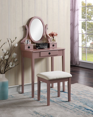 Moniya Wood Makeup Vanity Table and Stool Set - Rose Gold 3-Drawer Dressing Table with Swivel Mirror