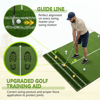 5'x4' Golf Hitting Mat with Guide Line, Indoor Outdoor Golf Practice Mat with 9 Tee Positions, Heavy Duty Swing Turf for Backyard Garage Training – Includes Balls, Tees & Strap