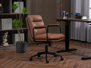 Mid Back Office Chair - Ergonomic PU Leather Desk Task Chair with Wheels, Armrests, and 40° Reclining Back (Brown)