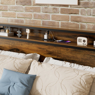 Queen Size Bed Frame with Storage Headboard, LED Light & Charging Station | Vintage Brown